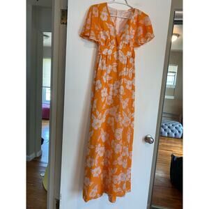 Vtg Andrade Honolulu Hawaiian maxi dress flutter sleeve hibiscus print S 60s 70s